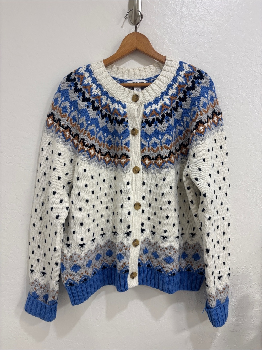 Lands' End Cream and Blue Fair Isle Button-Front Cardigan
